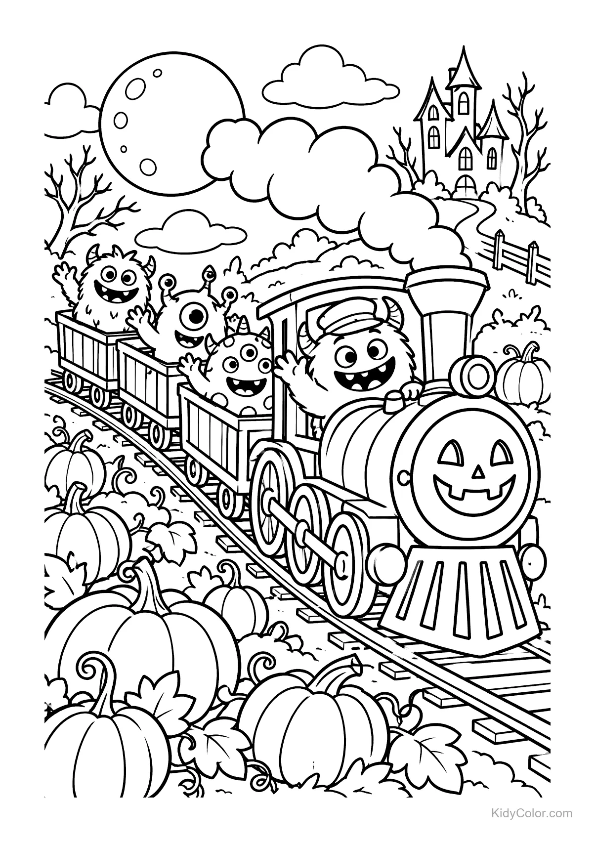 Monstruos en un tren con locomotora de calabaza en una noche de Halloween.