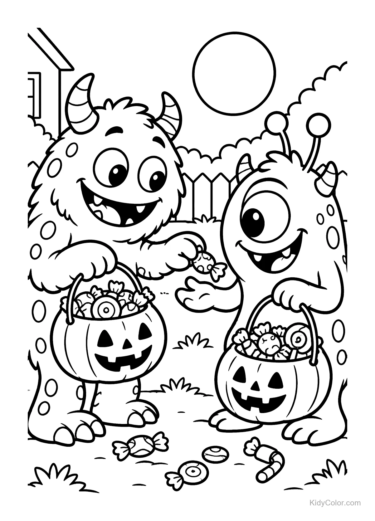 Dos monstruos amigables intercambiando dulces de Halloween con cubetas de calabaza.