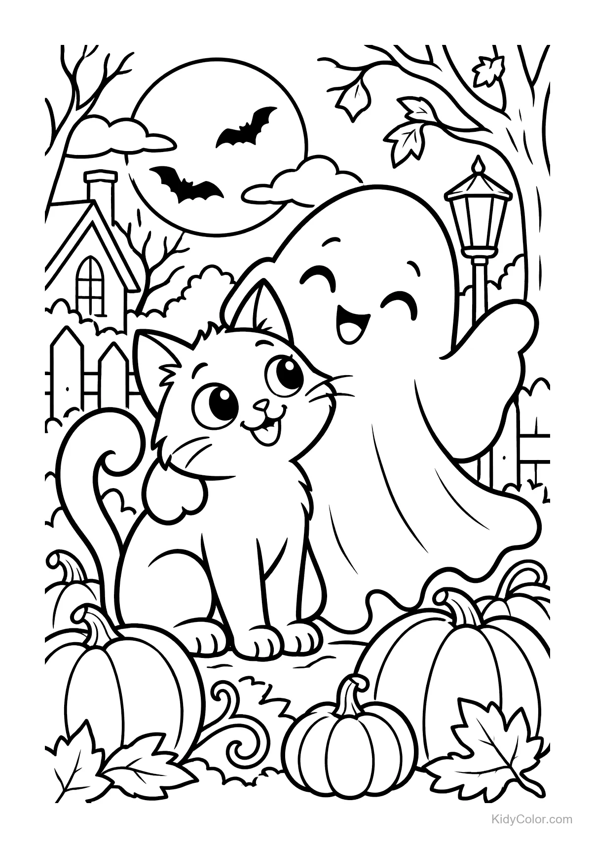 Gato junto a un fantasma alegre bajo la luna con calabazas y hojas.