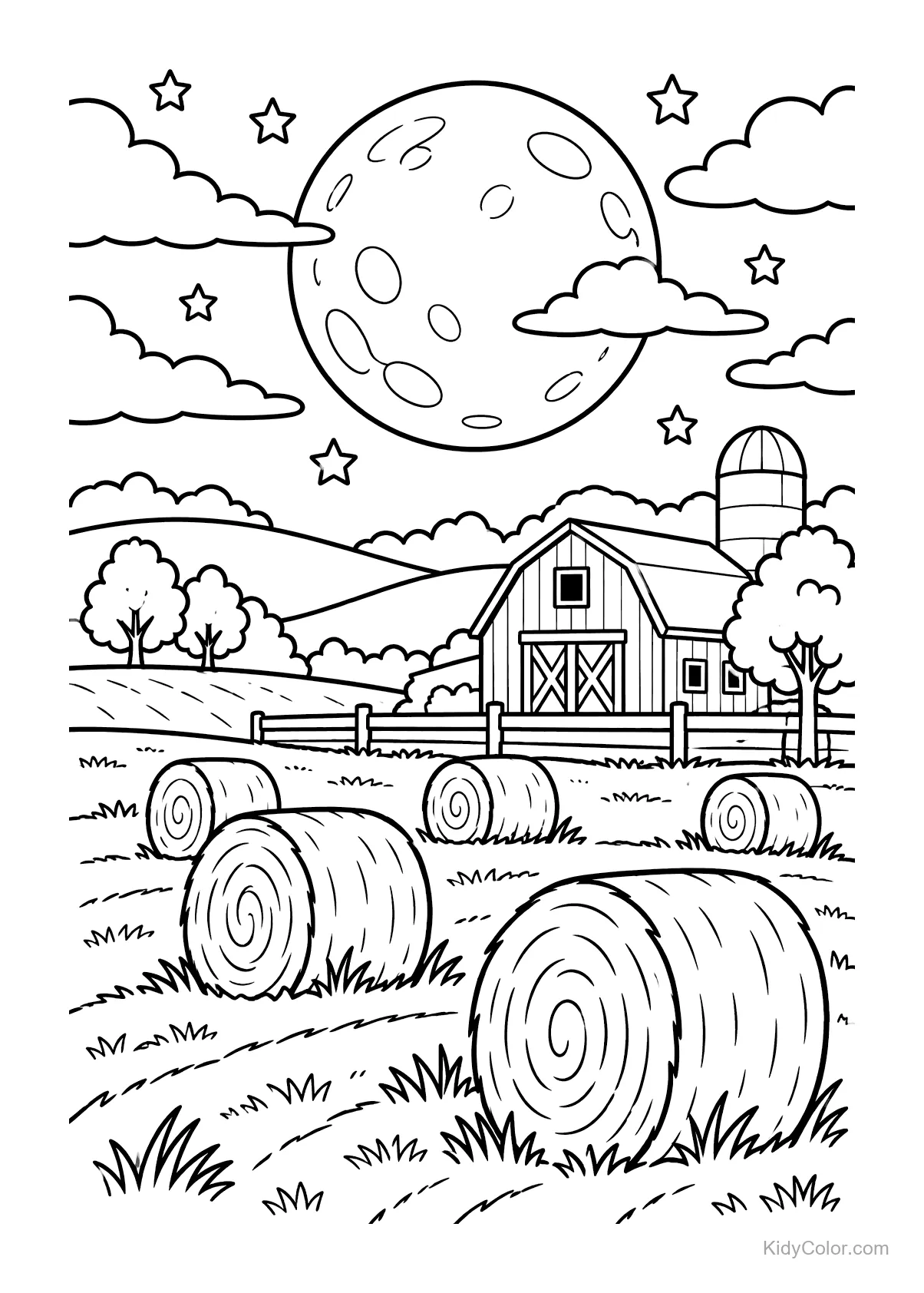 Farm with hay bales, a barn, and a full moon in the sky.