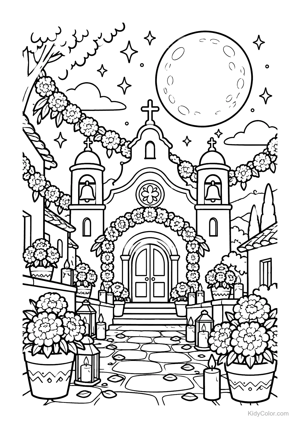 A village church with marigolds and candles under a moonlit sky.