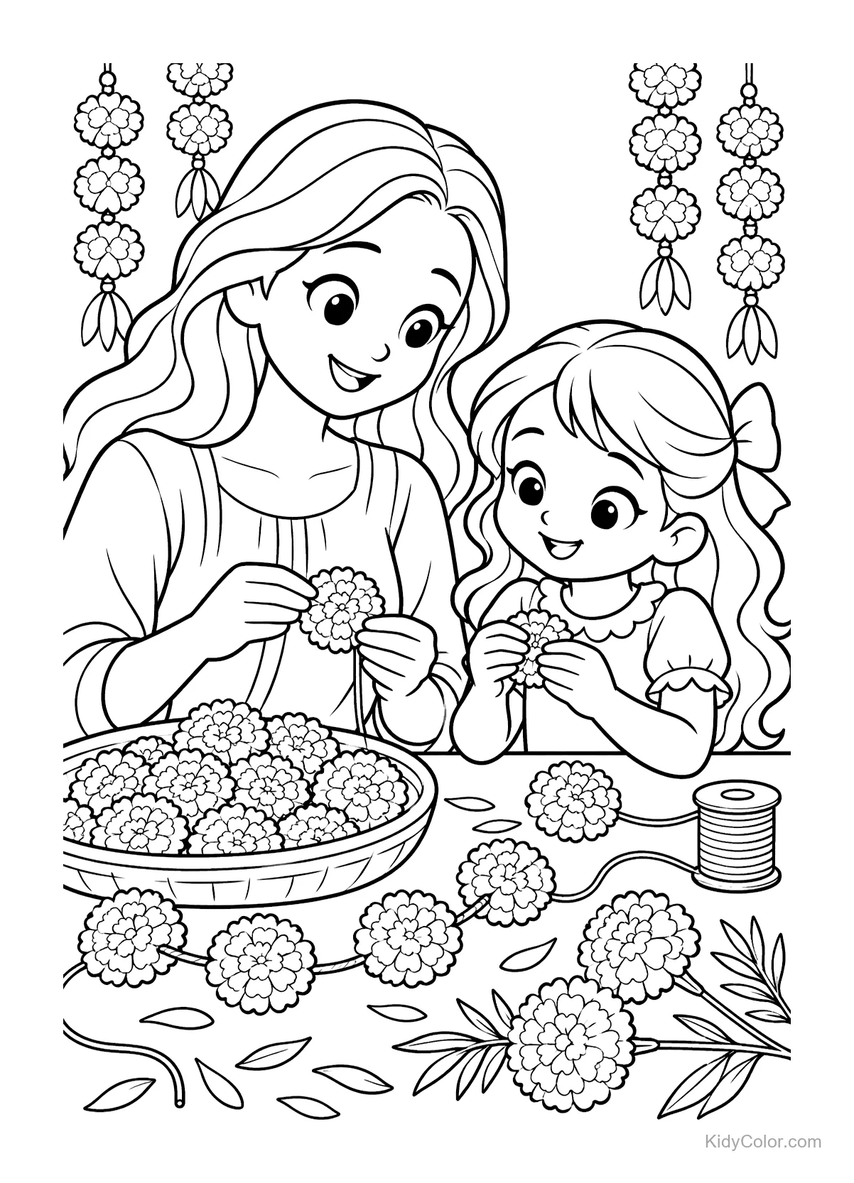 Mère et enfant fabriquant ensemble des guirlandes de souci.