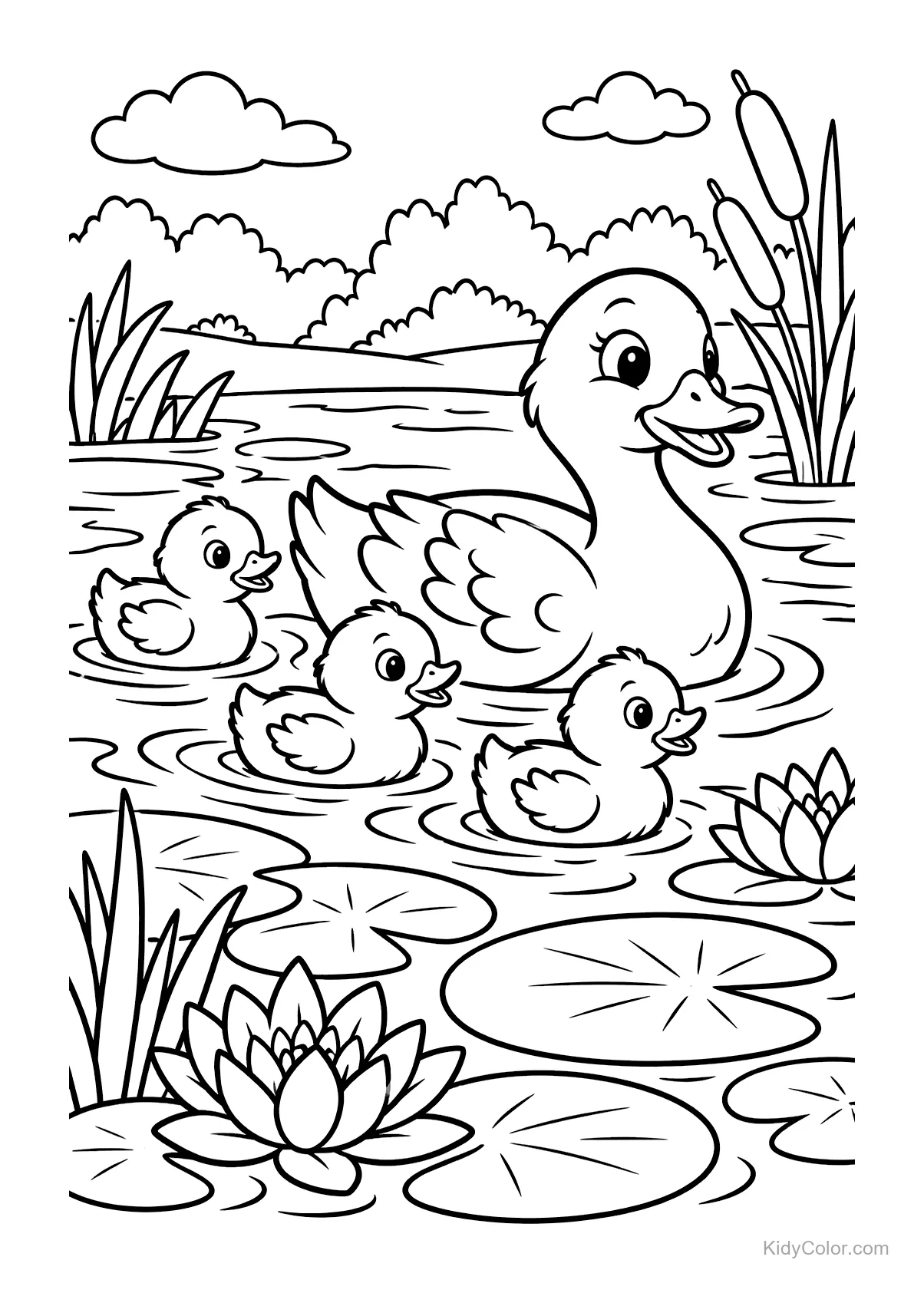 Mother duck with three ducklings swimming in a pond with lily pads.