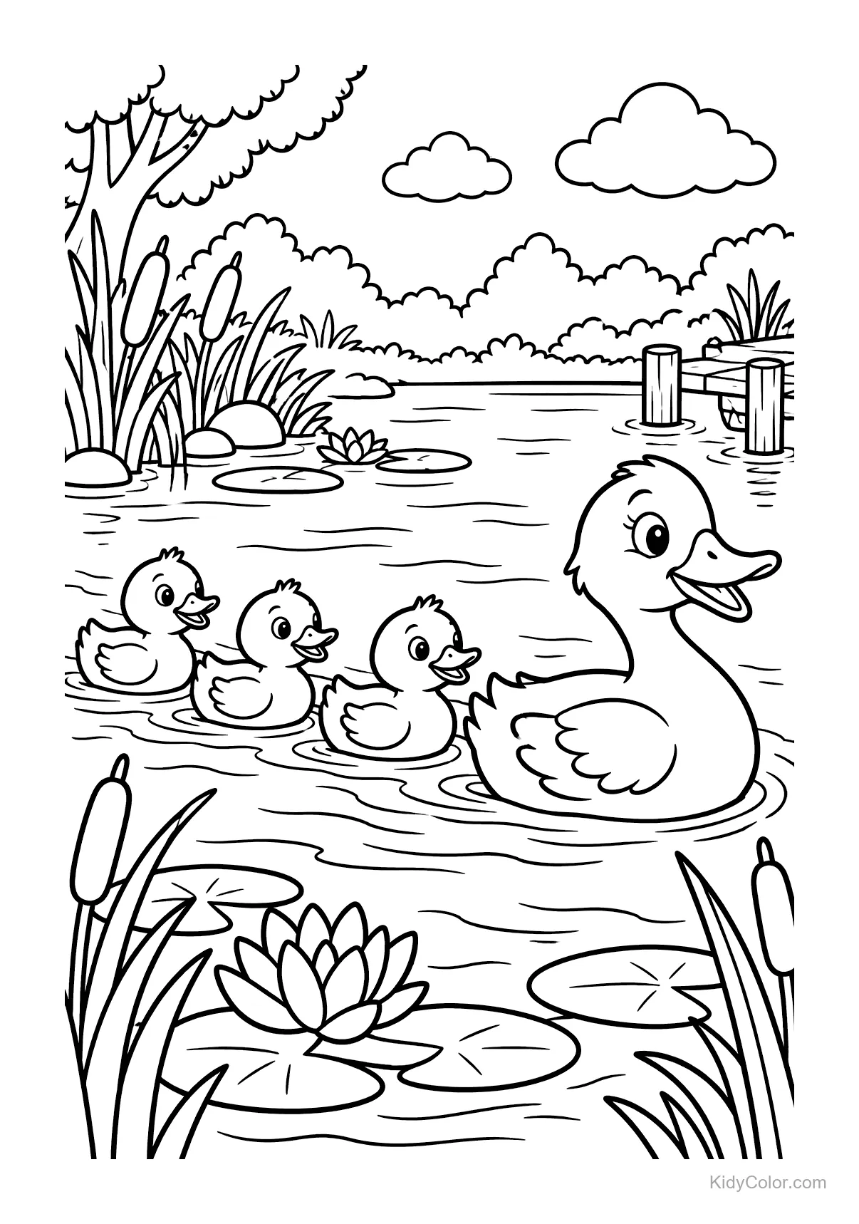 Mother duck and ducklings swimming on a pond with lily pads.