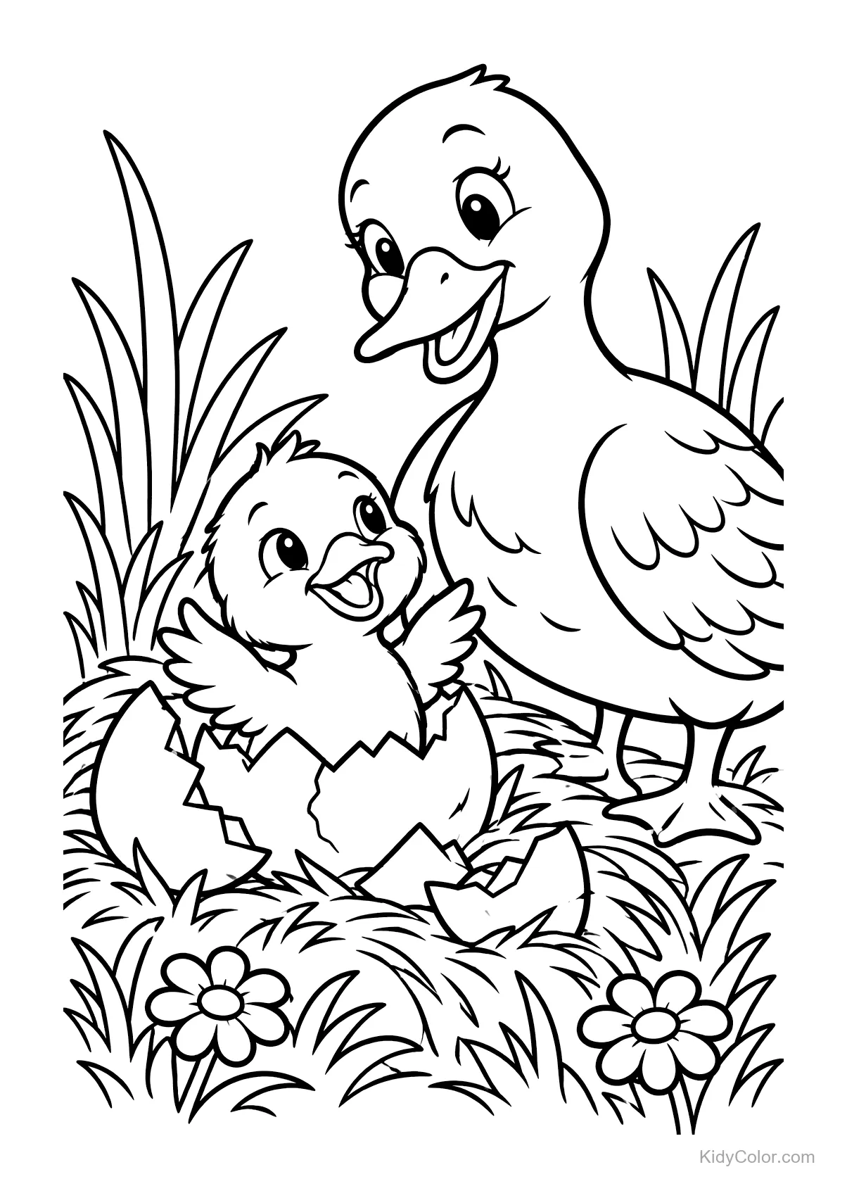 Mother duck smiles at her duckling emerging from an eggshell with grass and flowers around.