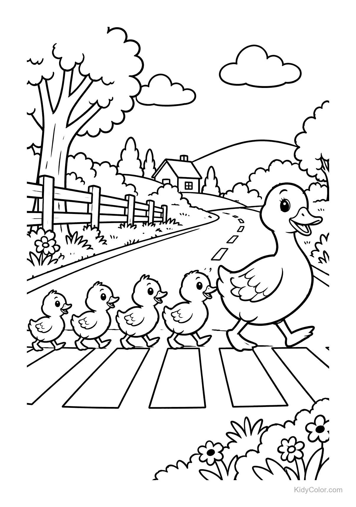 Mother duck with ducklings crossing a countryside road.