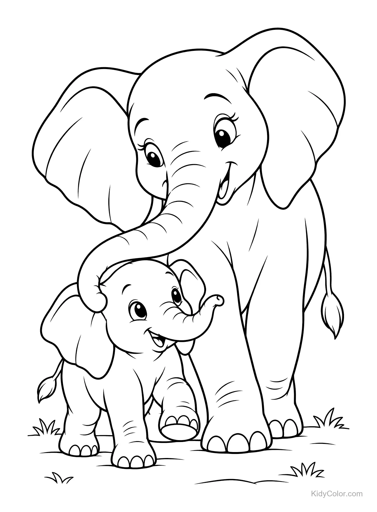 Mamma elefante che cammina con il suo cucciolo su un prato.