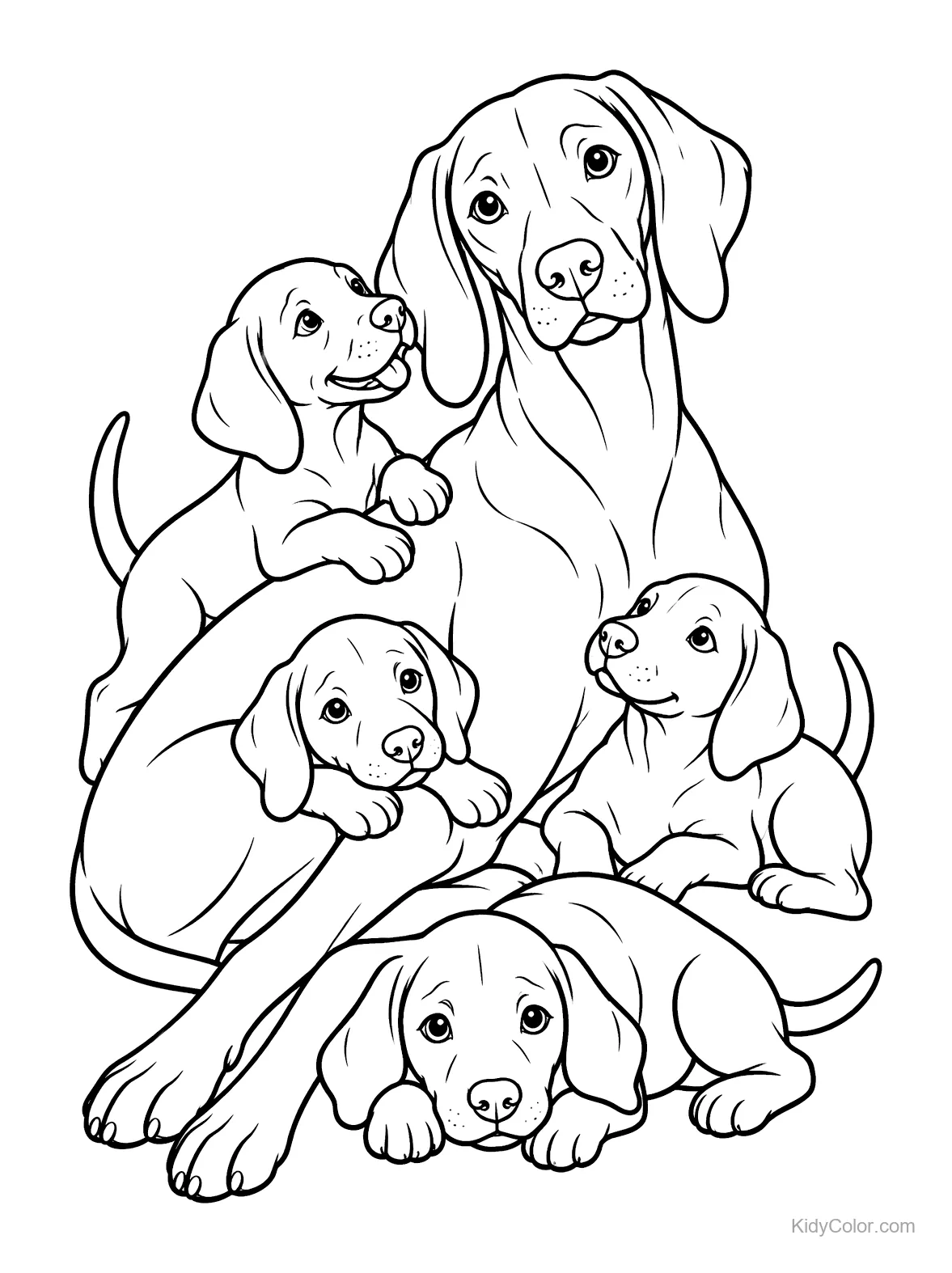 Mother Vizsla with four puppies, line art drawing.