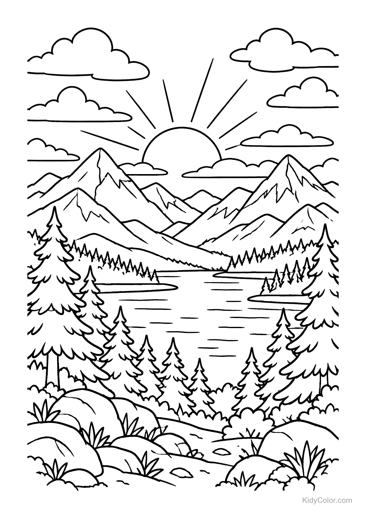 Mountain lake at sunrise with surrounding pine trees and bright sky.