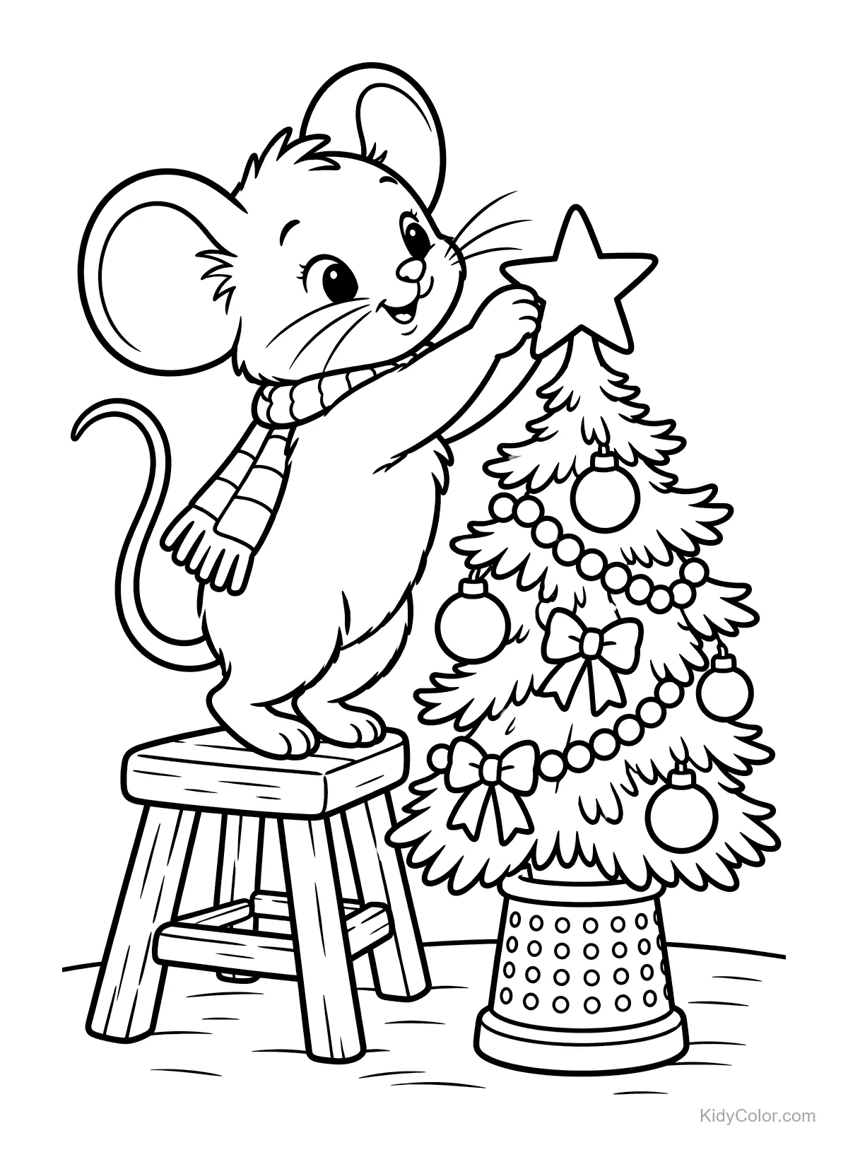 A mouse decorating a Christmas tree with a star and ornaments.
