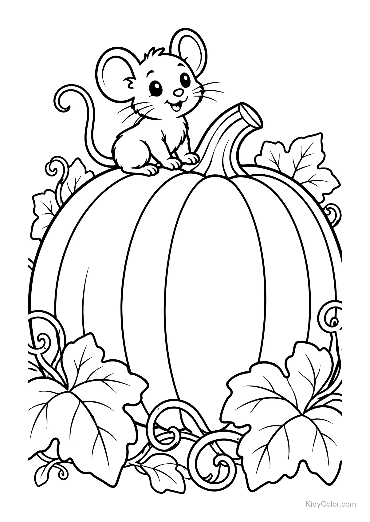 A cheerful mouse sitting on a large pumpkin surrounded by leaves.