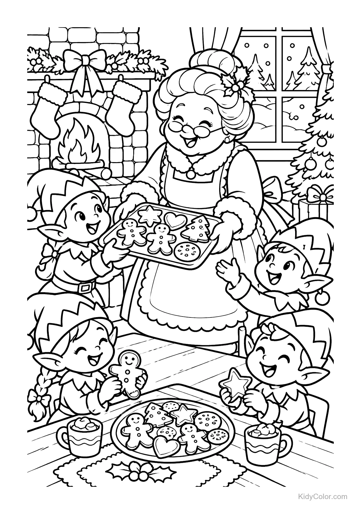 Mamãe Noel compartilhando biscoitos com três elfos felizes perto da lareira.