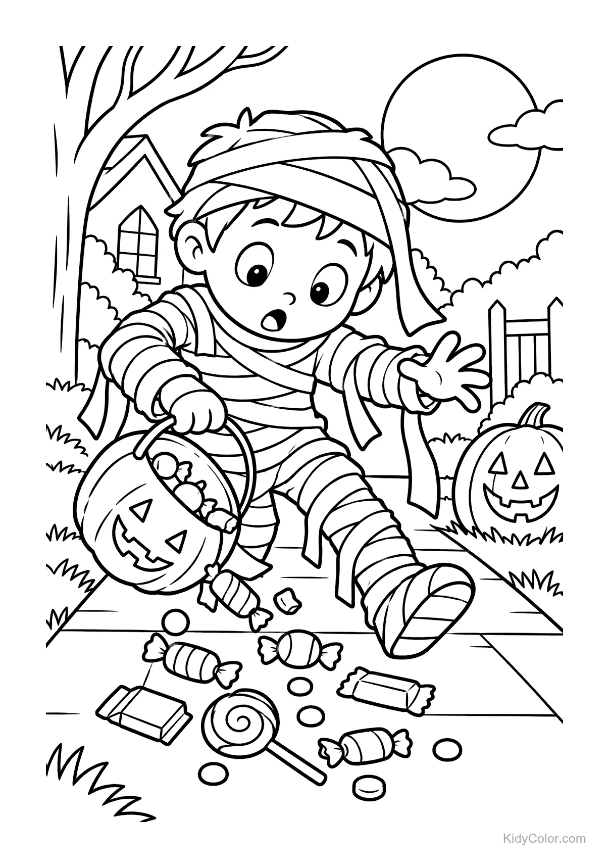 Bambino in costume da mummia perde caramelle su un sentiero, notte di Halloween.
