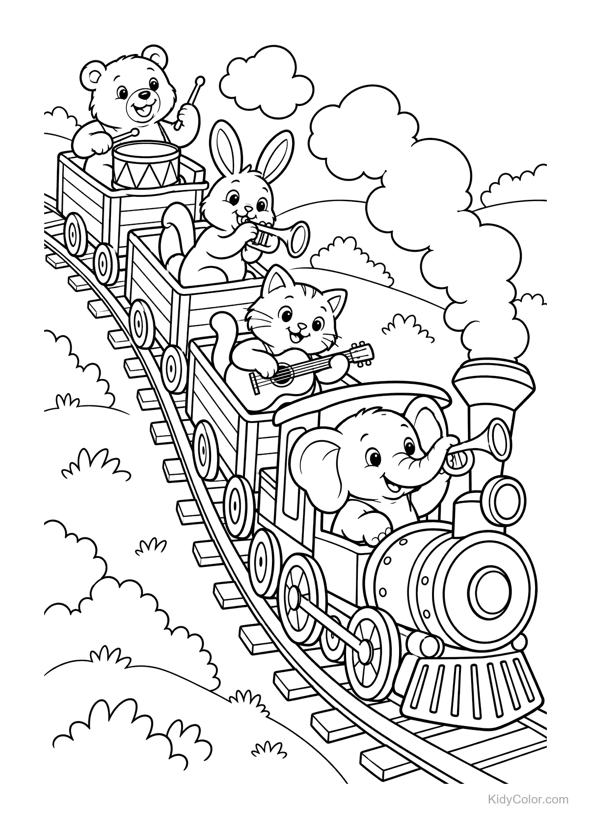 stoomtrein met dieren die muziek maken, zoals een beer met drums en een olifant met een trompet
