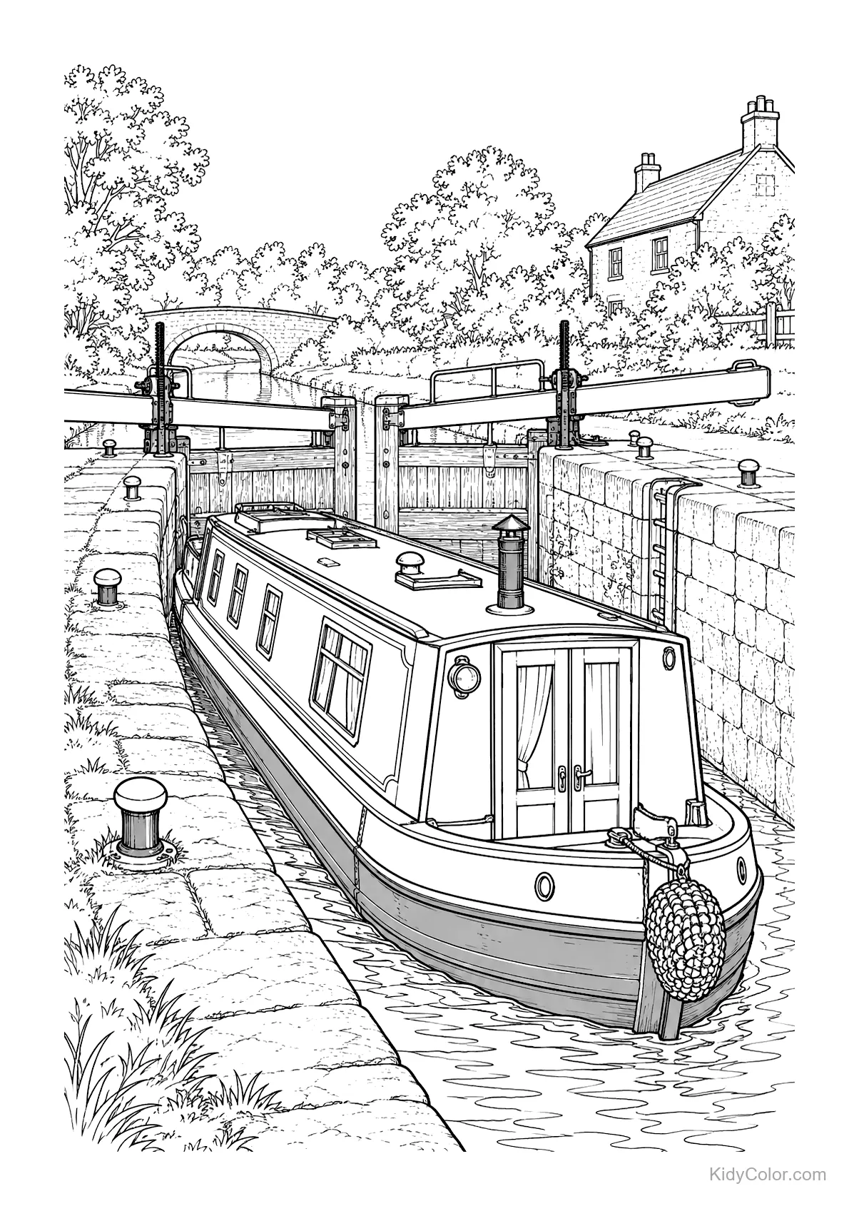 A narrowboat in a canal lock with trees and a cottage nearby.