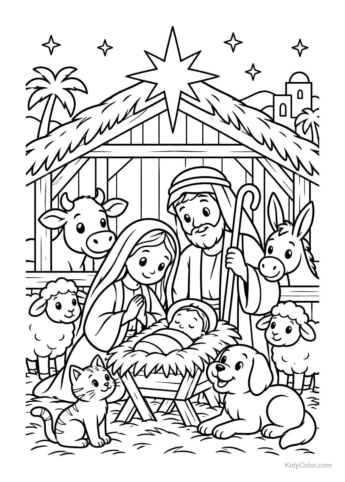 A nativity scene with Mary, Joseph, baby Jesus, and animals.
