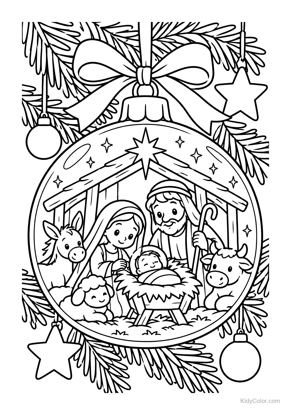 Nativity scene in a bauble among pine branches with stars.