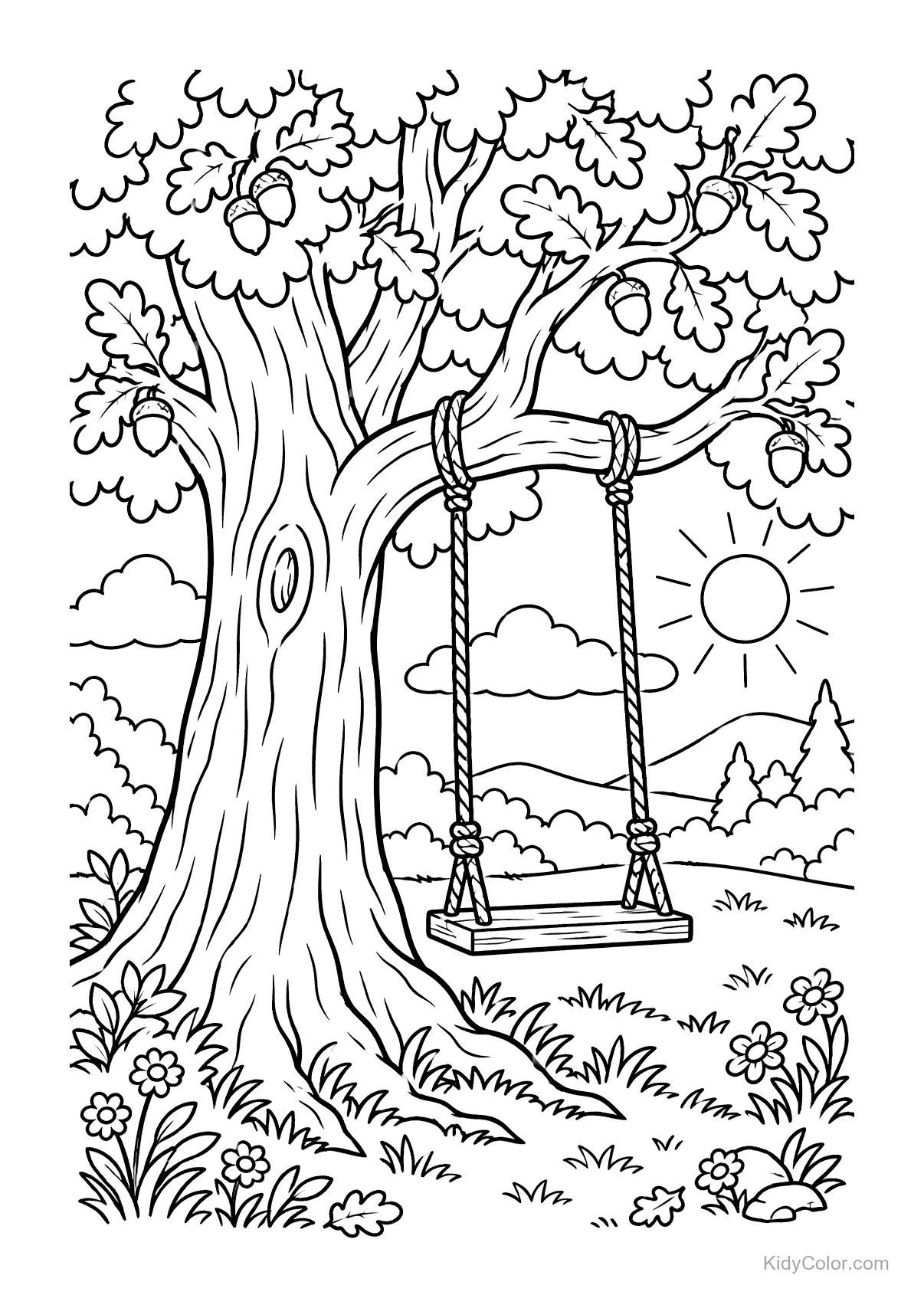 Oak tree with a swing hanging from it, surrounded by grass, flowers, and a sunny landscape.