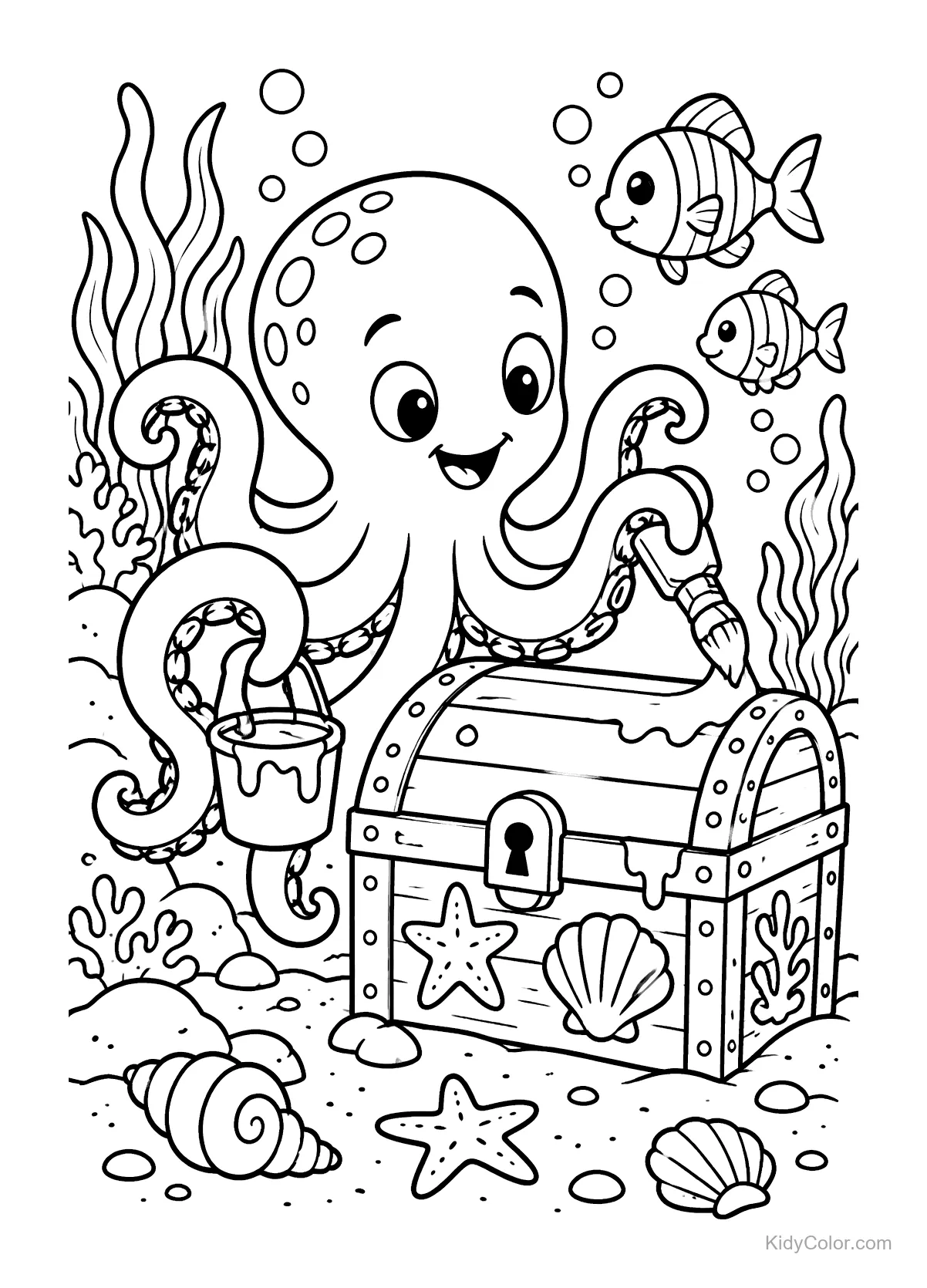 Octopus painting a treasure chest underwater with fish around.