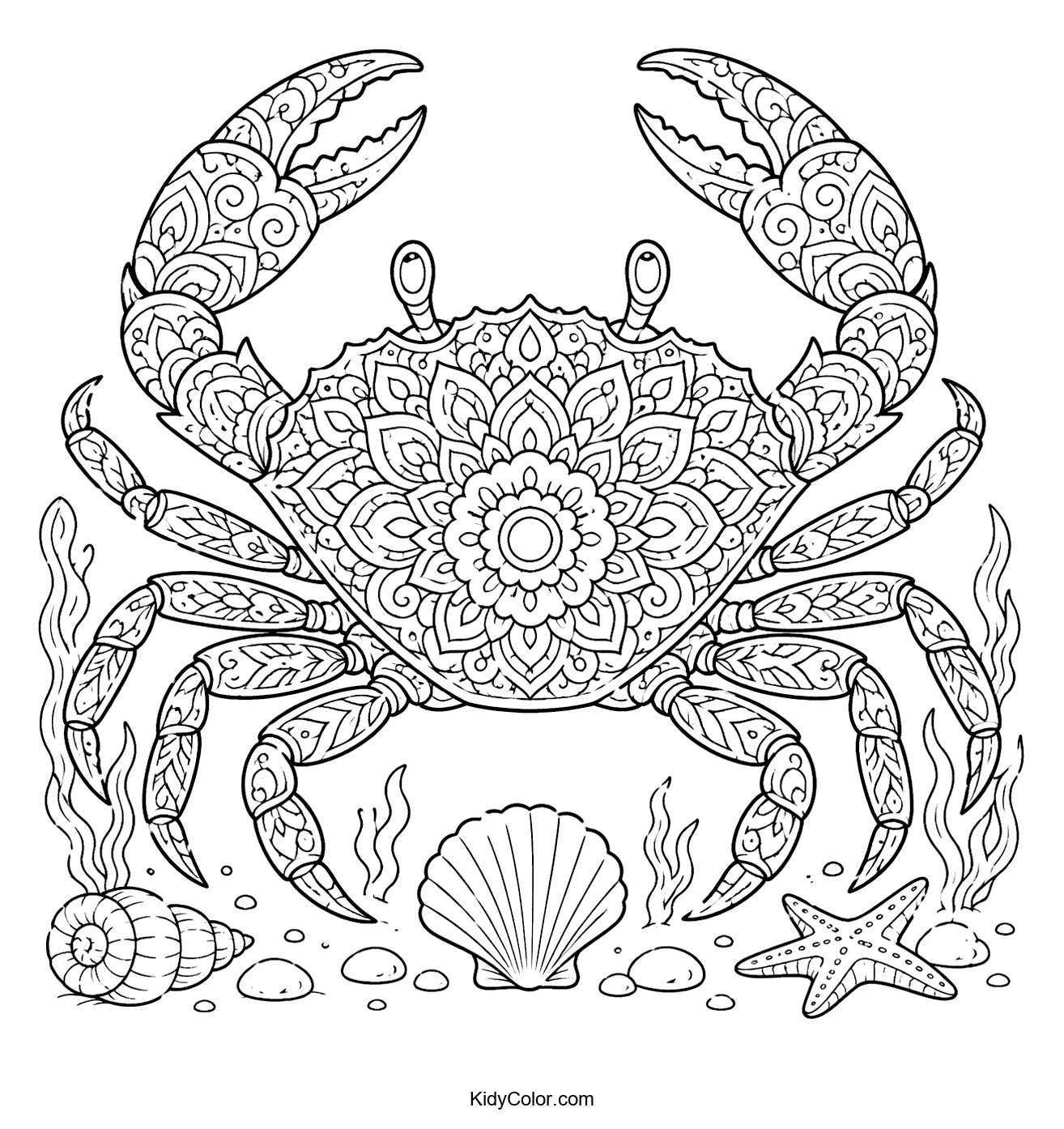 Ornamental crab with shells, starfish, and sea plants.