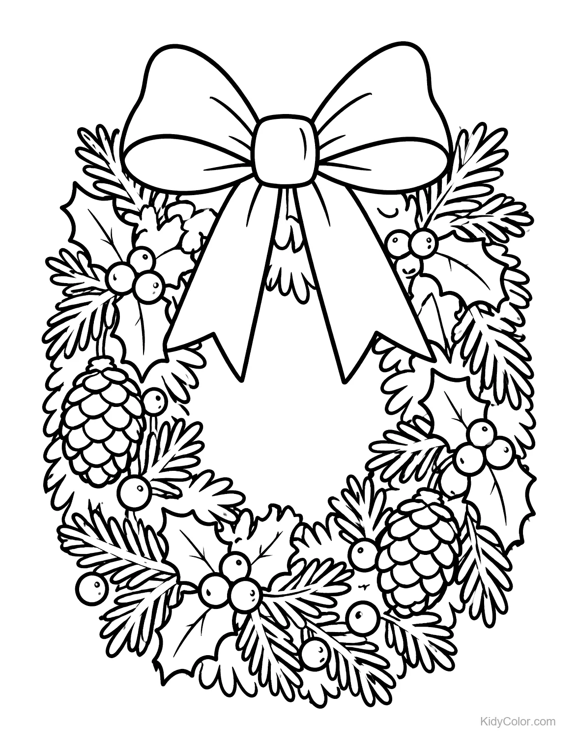 Ornate Christmas wreath with pinecones, holly leaves, and bow.