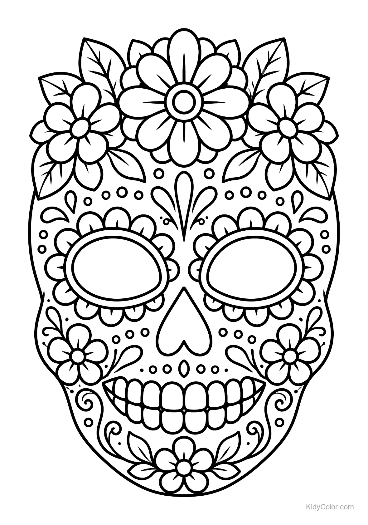 Ornate sugar skull with flowers for Day of the Dead coloring.