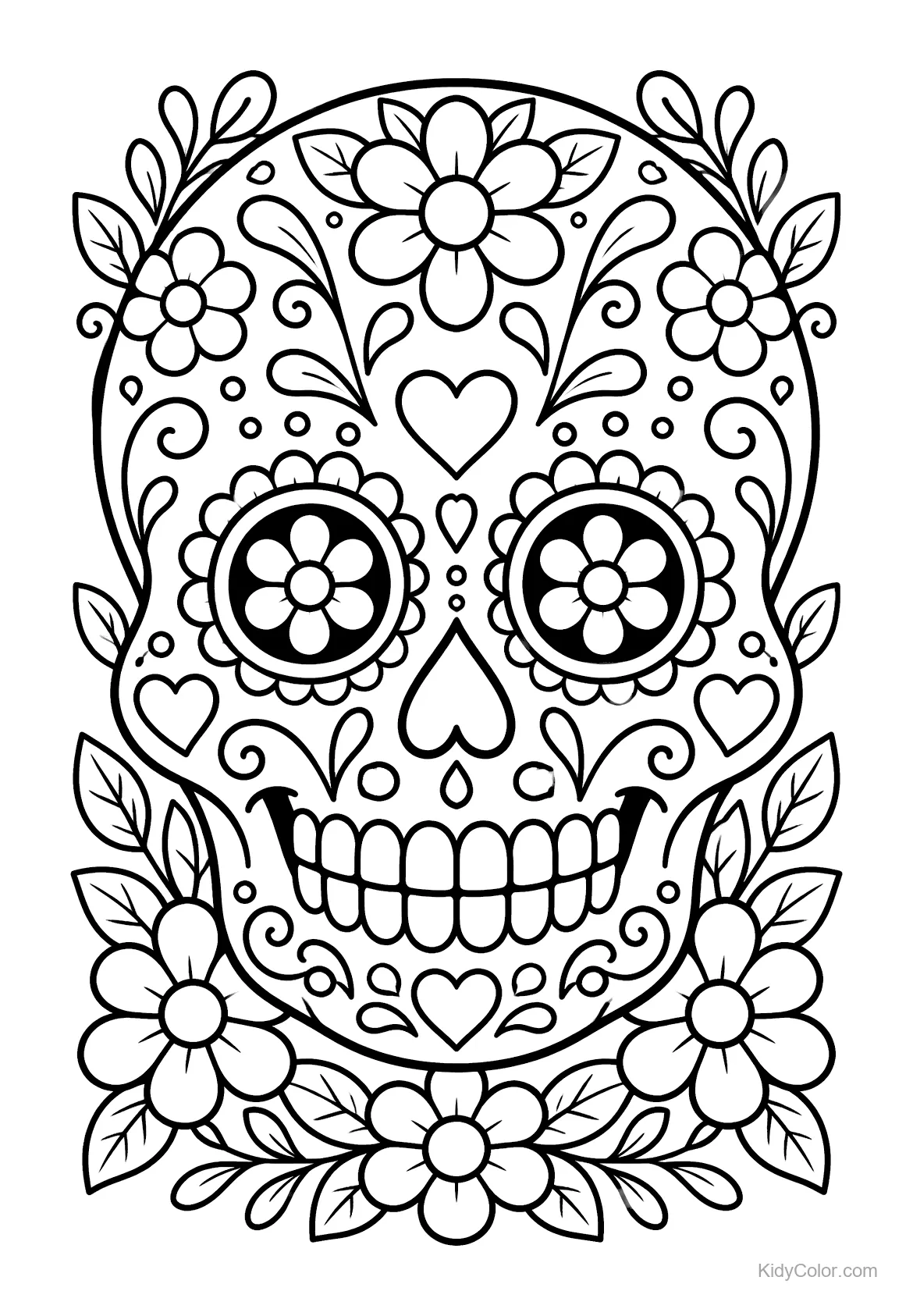Sugar skull with floral and heart designs for coloring.