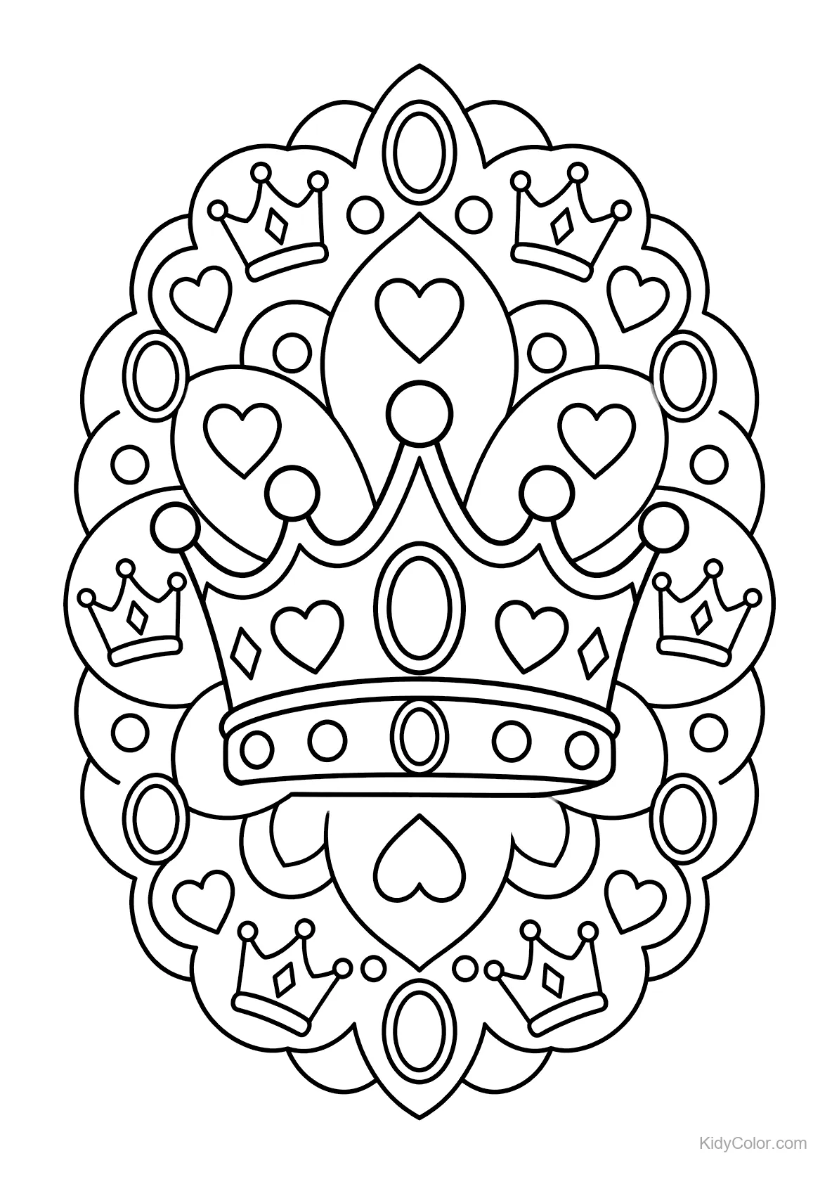 Ornate princess crown with hearts and smaller crowns in a mandala design.