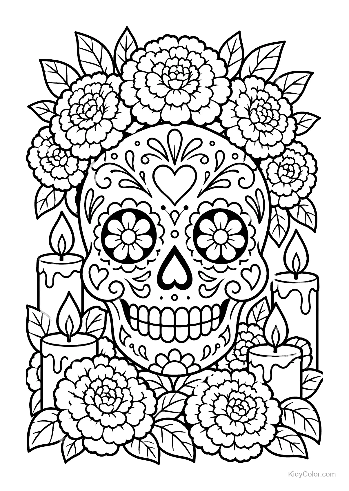 Ornate sugar skull with marigolds and candles in line art.