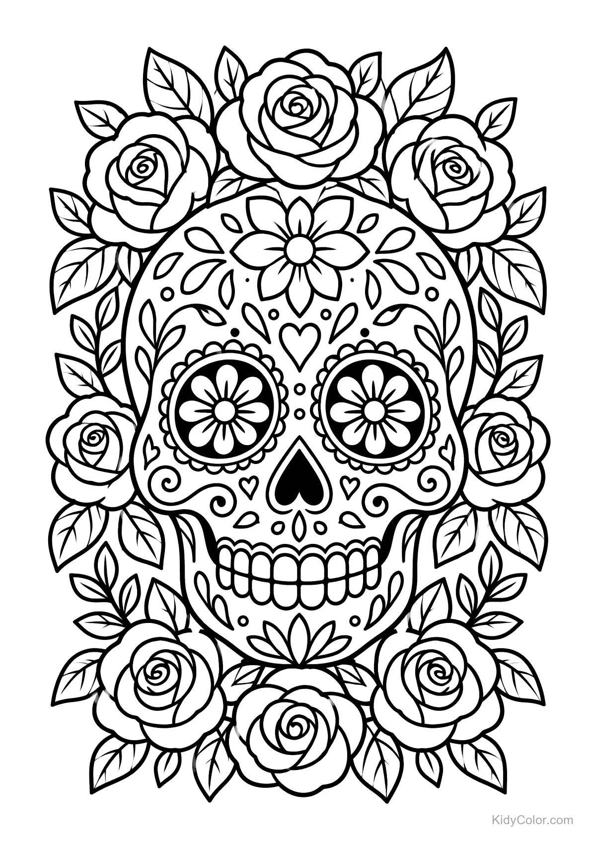 Ornate sugar skull with flowers surrounded by roses.