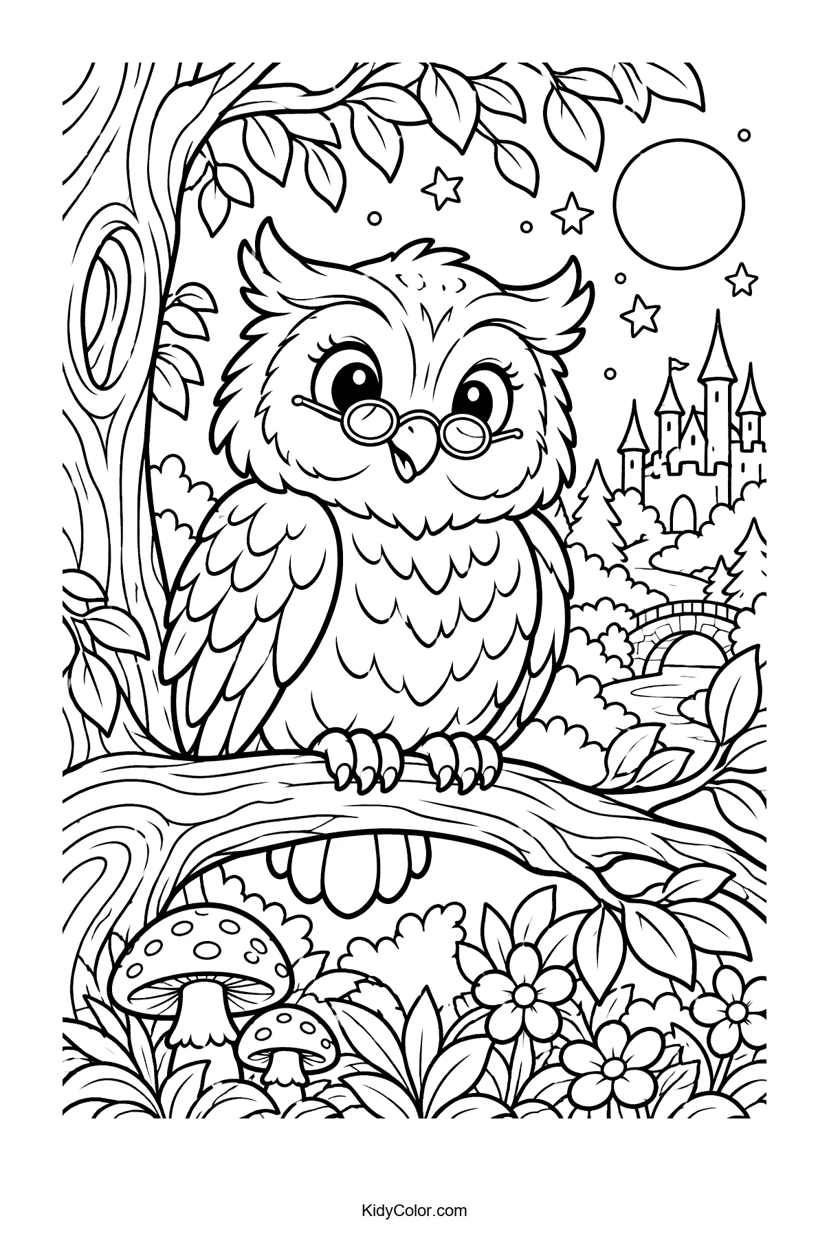 Owl with glasses on a branch in a forest with a castle and moon.
