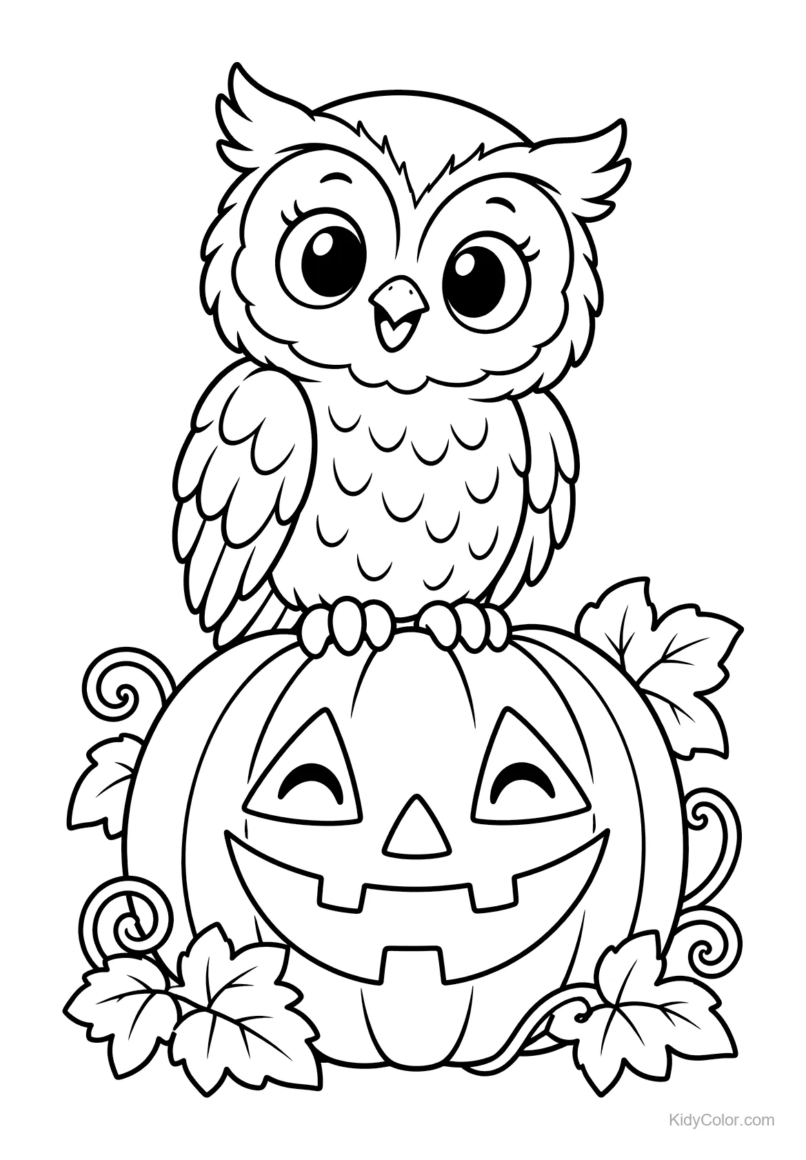 Owl with wide eyes sitting on a carved Jack-o’-Lantern with leaves.