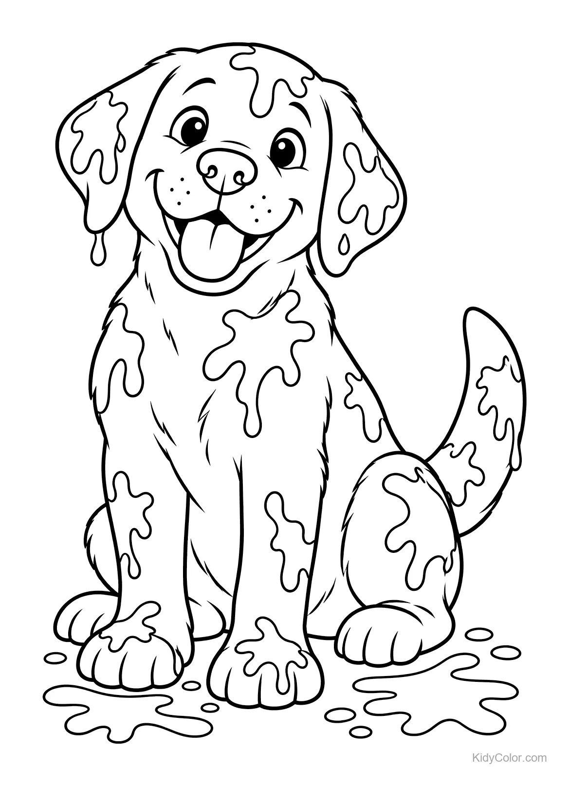 Labrador mit Farbspritzern im Fell, sitzt und lächelt.