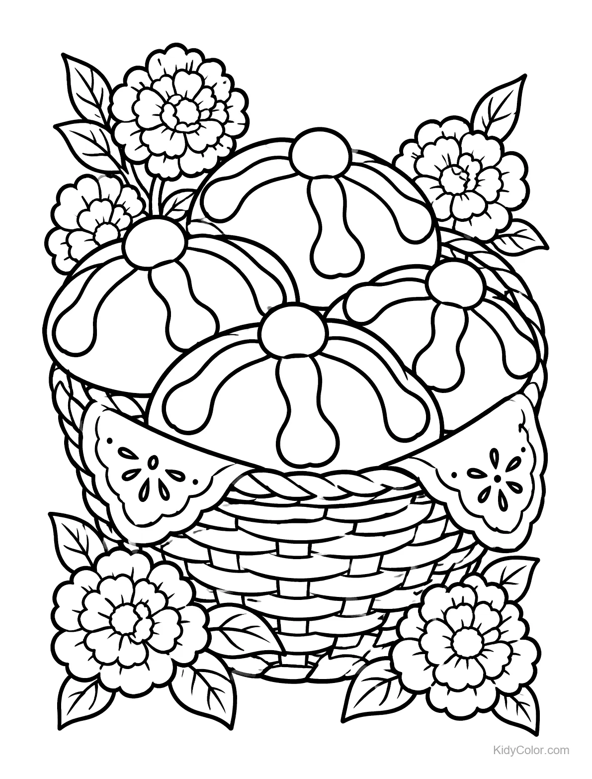 Basket with Pan de Muerto and marigold flowers around it.