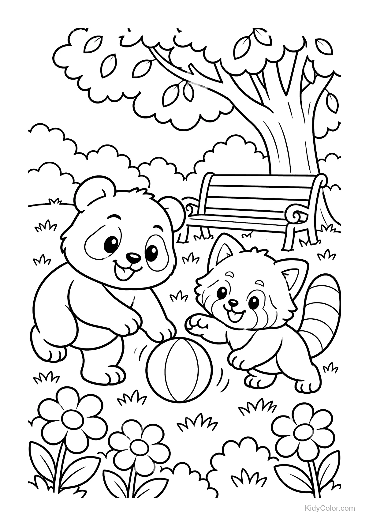 Panda e animale simile a un procione giocano a palla in un parco con fiori e una panchina.