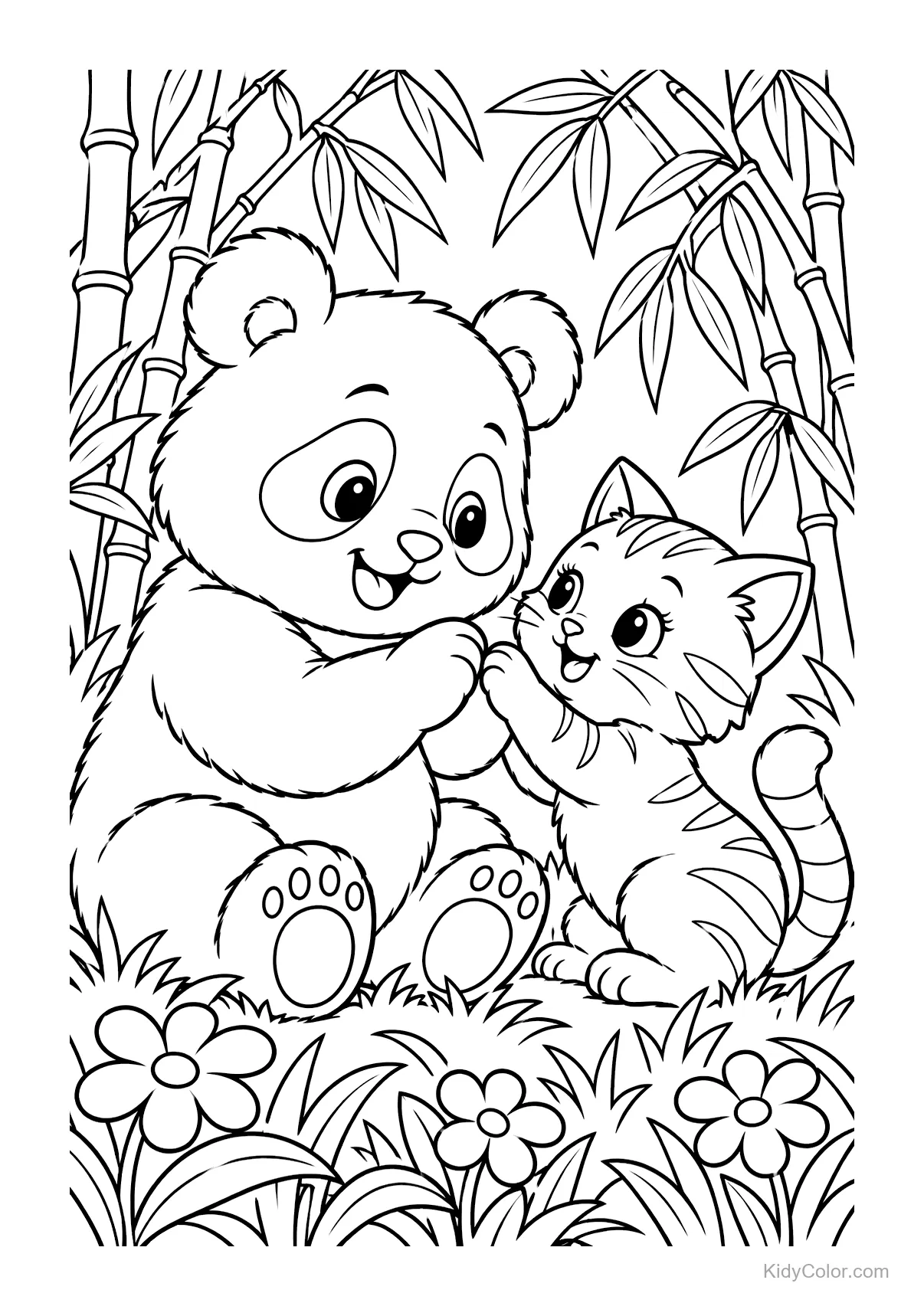 Panda e gattino che giocano in un boschetto di bambù, circondati da fiori.