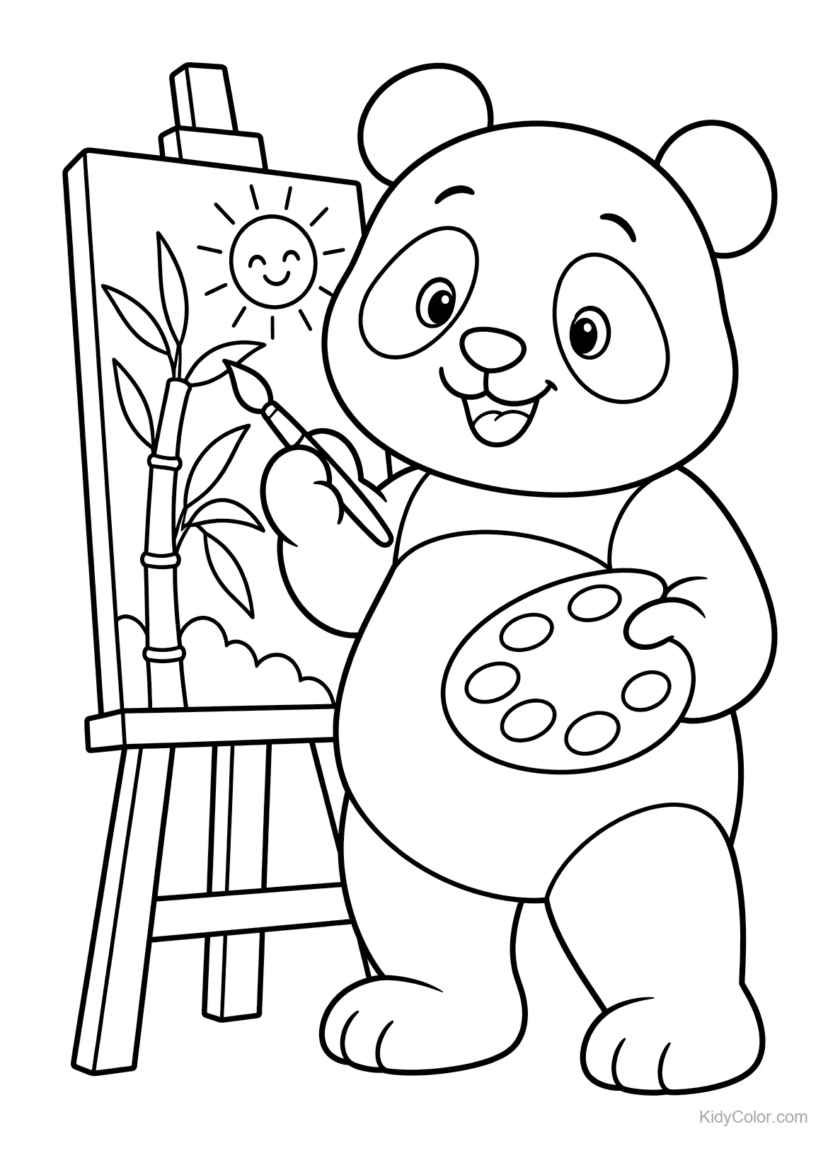 Panda trzyma paletę i maluje bambus i słońce na sztaludze.