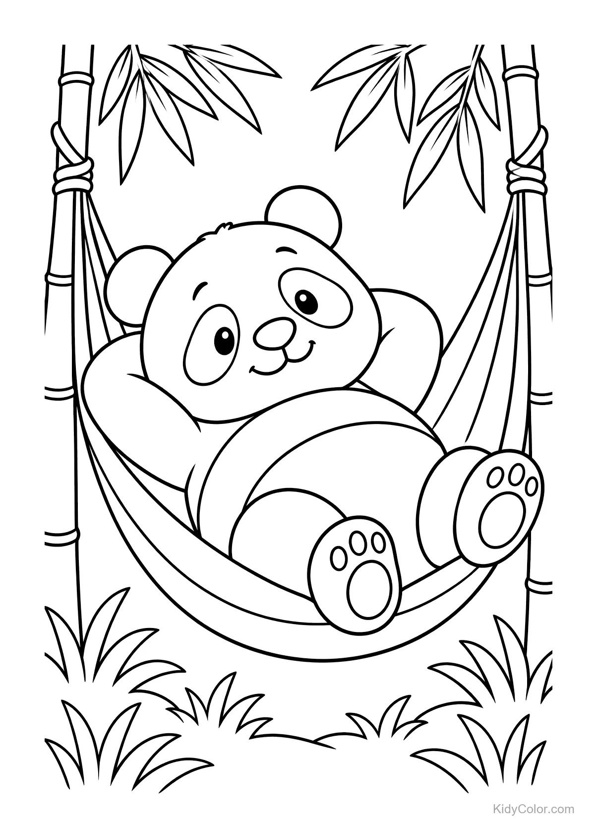 Panda sdraiato su un'amaca tra steli di bambù.