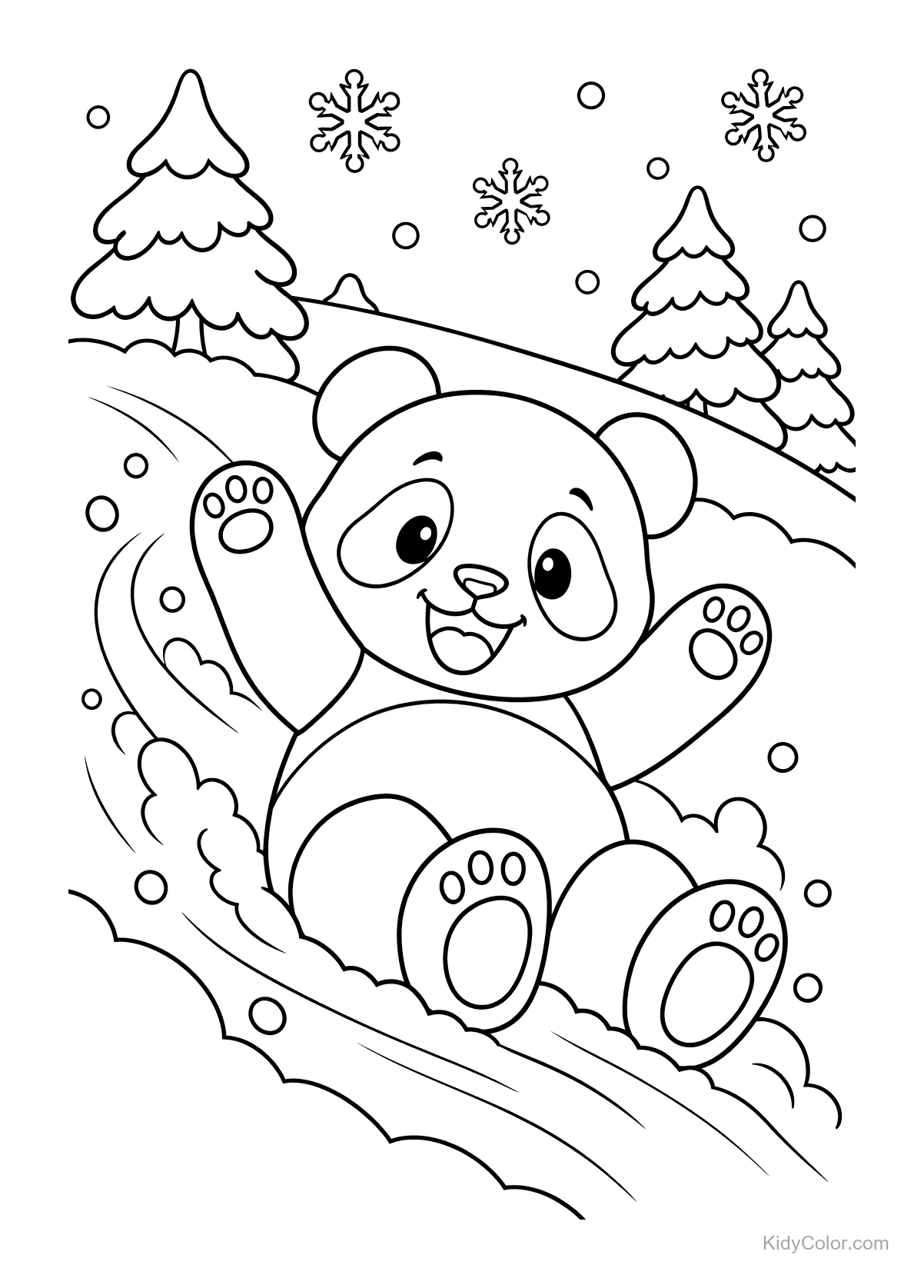 Panda che scivola su una collina innevata con alberi e fiocchi di neve.