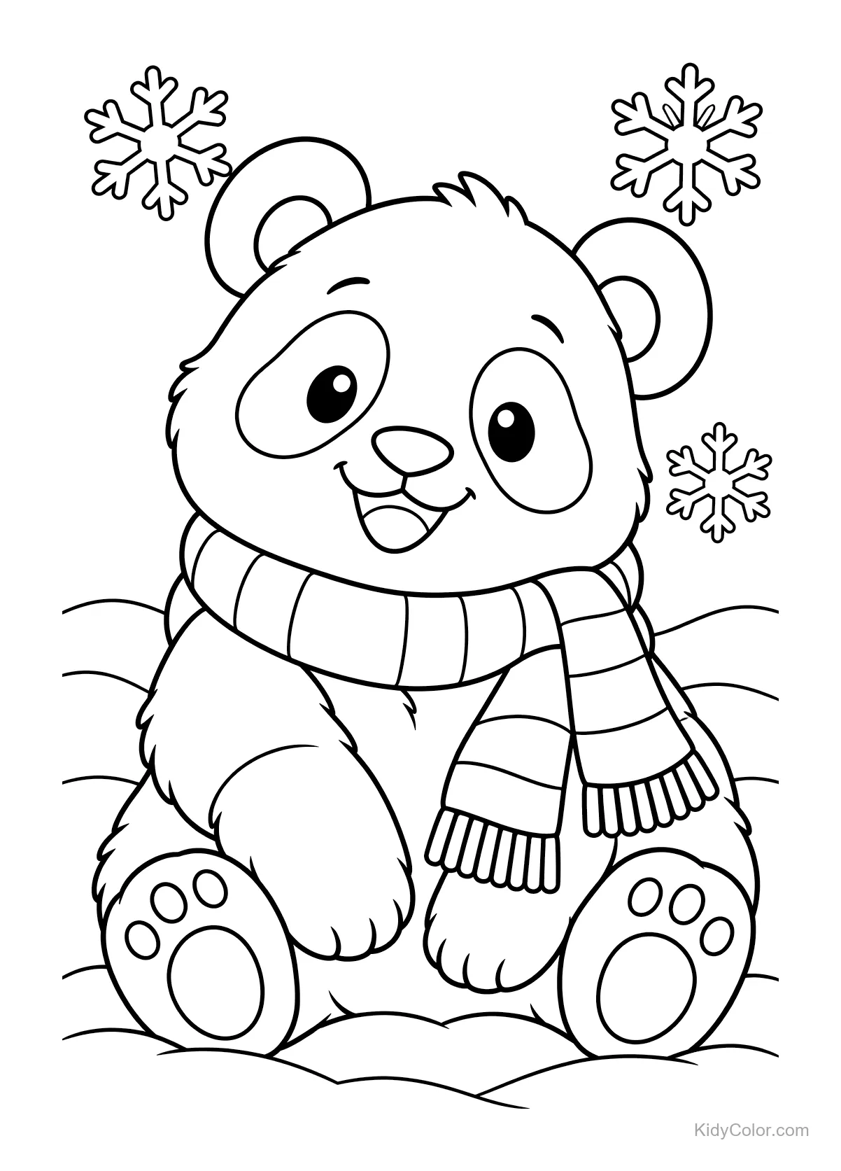 Panda w zimowym szaliku z śnieżynkami wokół.