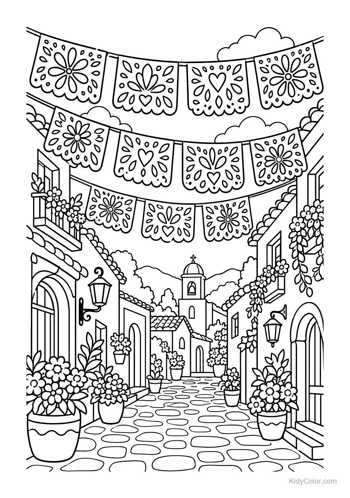Village street with papel picado banners and plants.