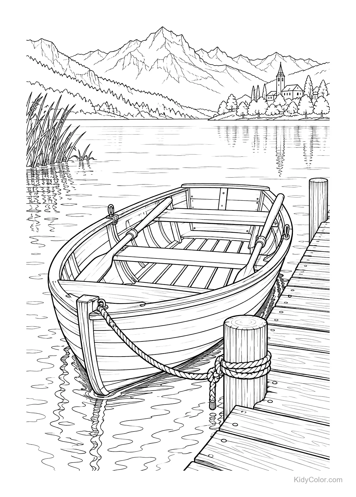 Boat at a lakeside dock with mountains in the background.