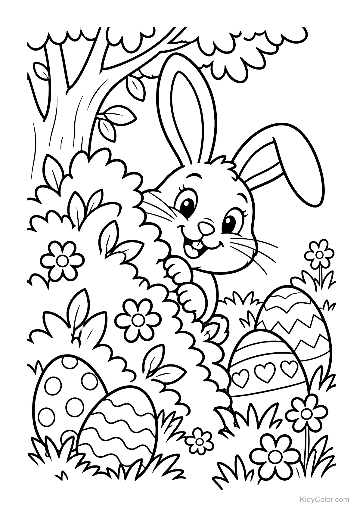 Bunny peeking from behind a bush with Easter eggs and flowers.