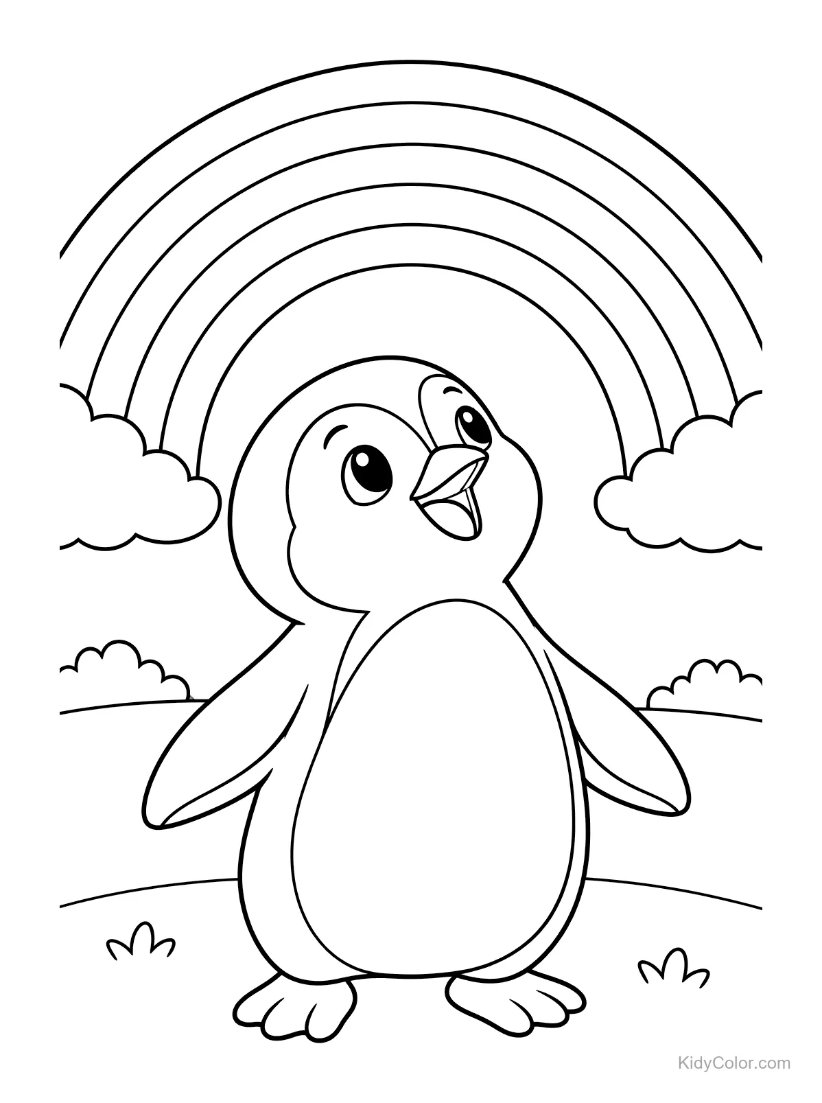 Pinguim em um campo olhando para um arco-íris com nuvens.