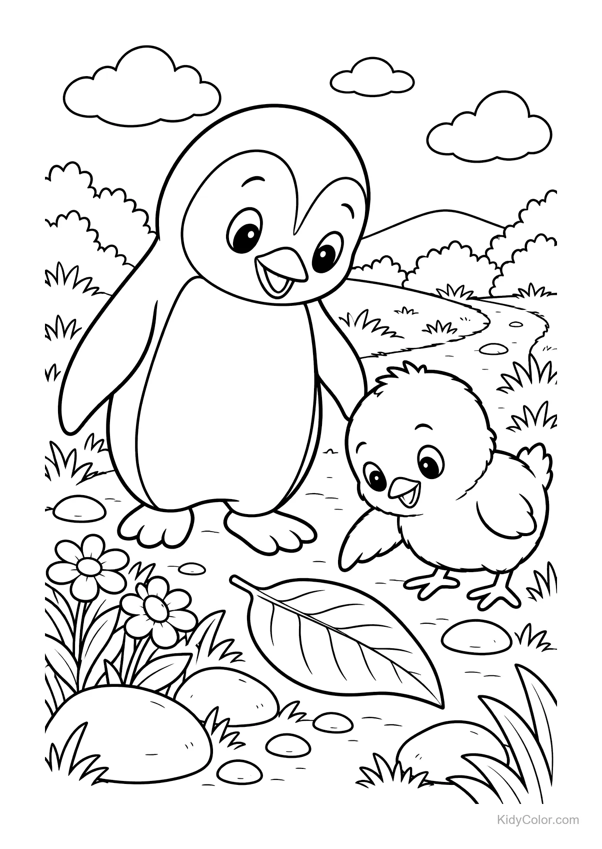 Penguin and chick on a path with a leaf and flowers.