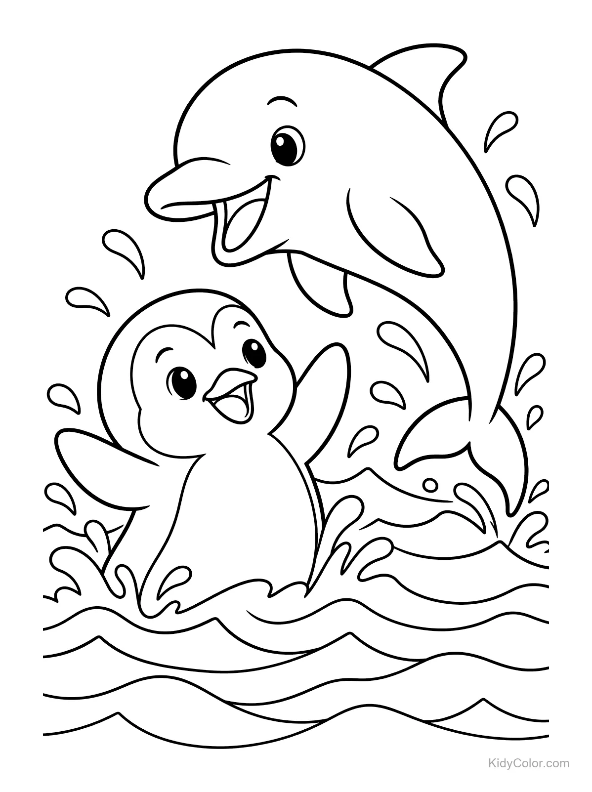 Pinguim e golfinho brincando nas ondas do oceano.