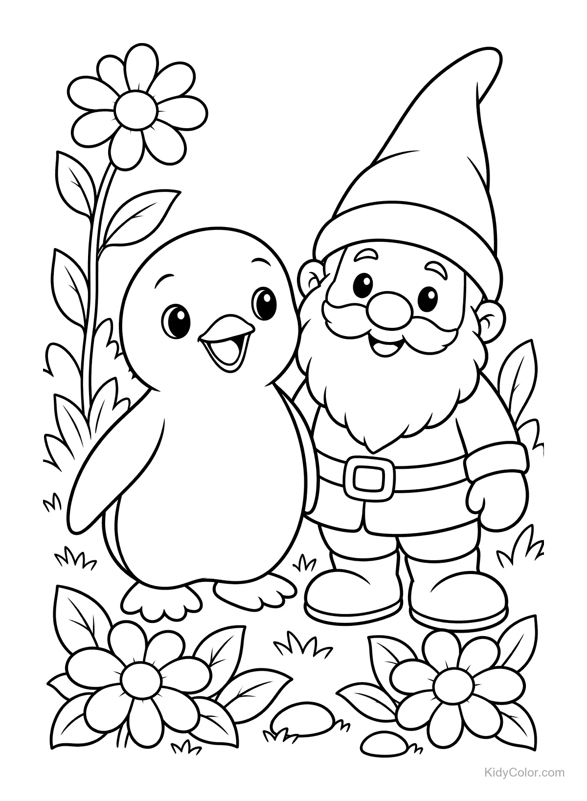 Pinguin und Zwerg in einem Blumengarten.