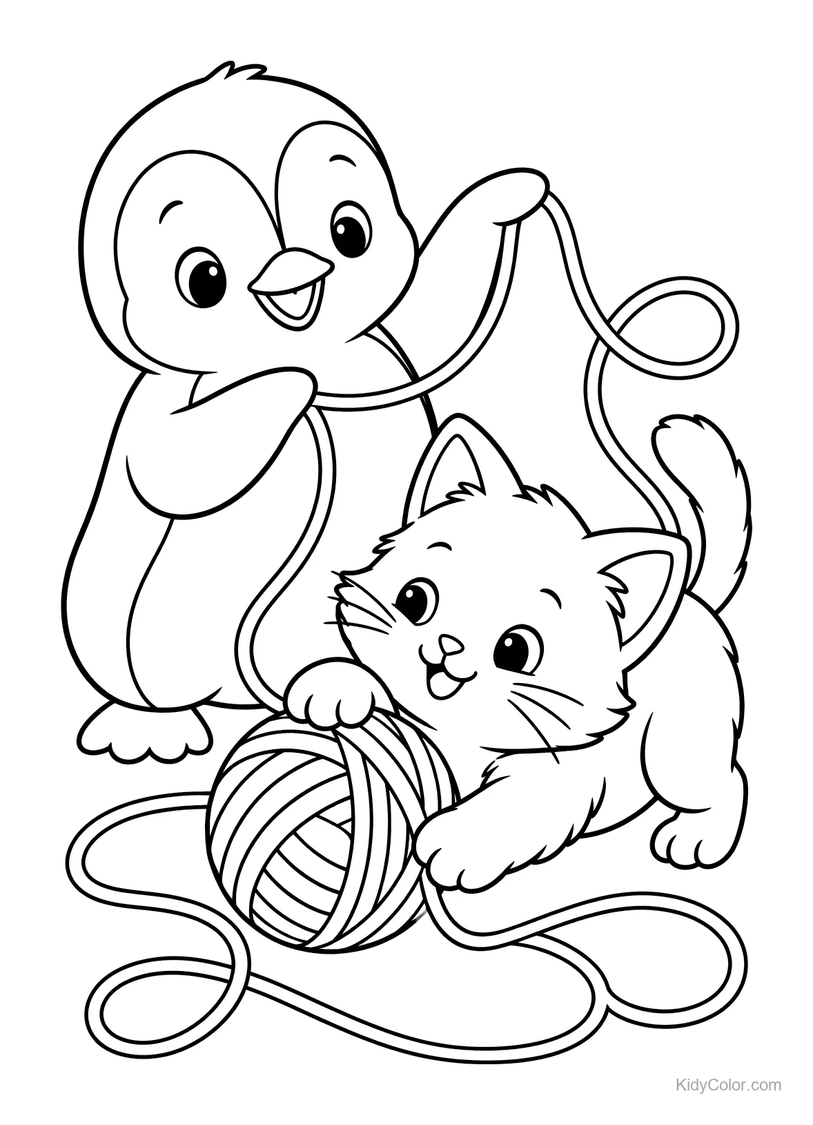 Penguin and kitten playing with a ball of yarn.