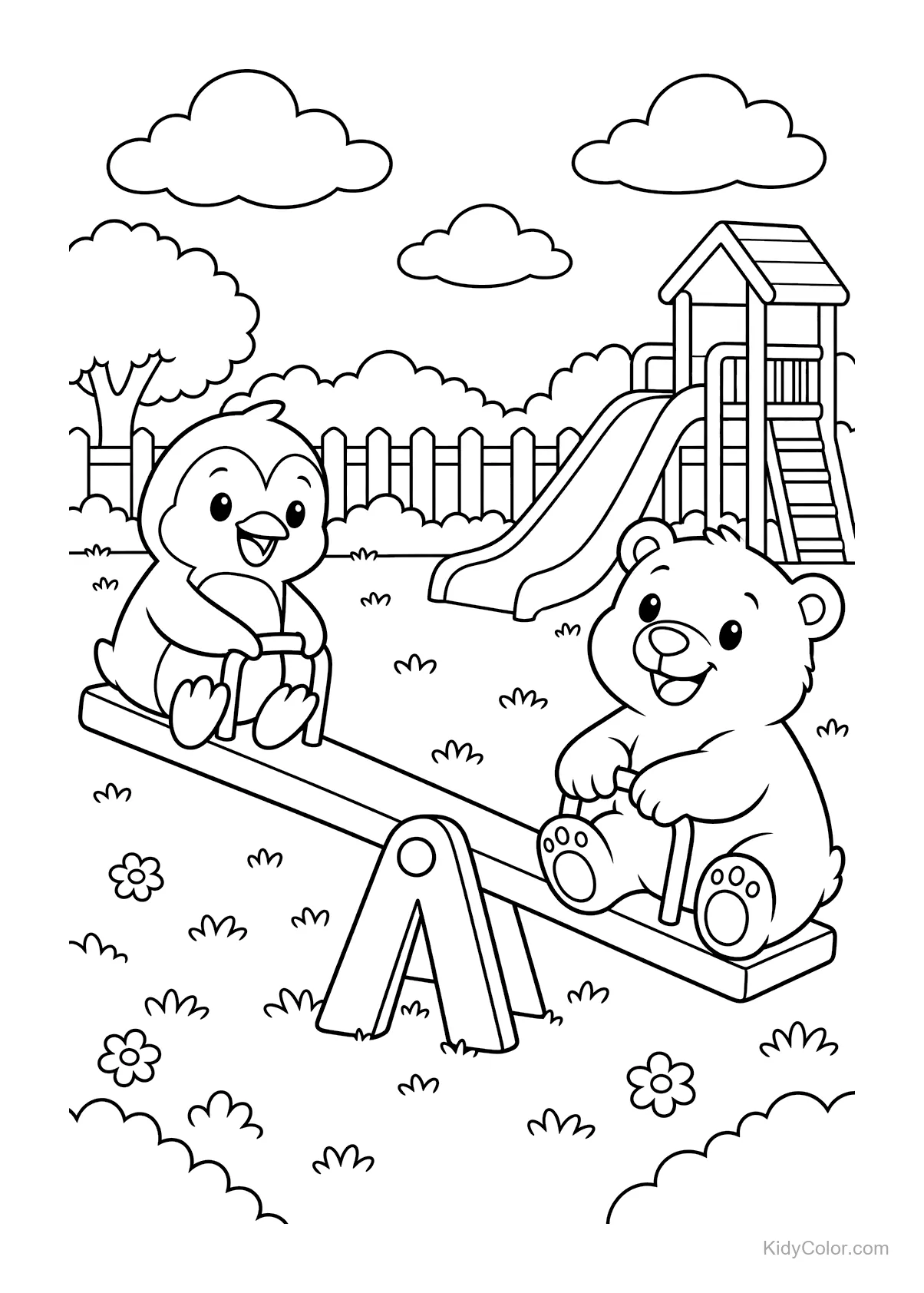 Pinguino e orso polare su un'altalena in un parco giochi.