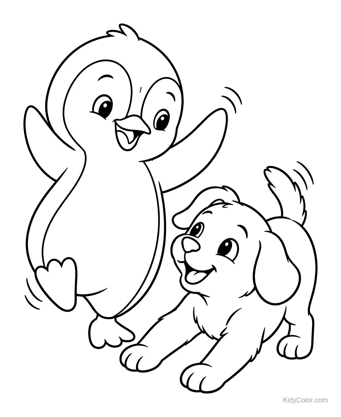 Penguin joyfully playing with a puppy.